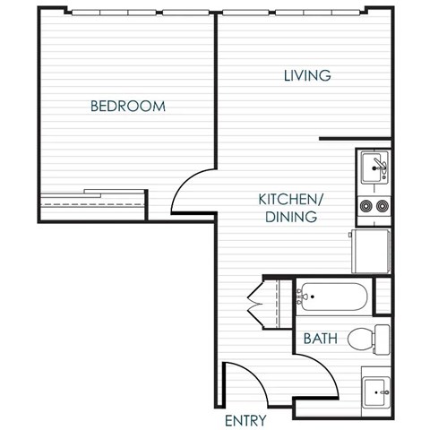 Floor plan for 1 bed, 1 bath, 584 sqft